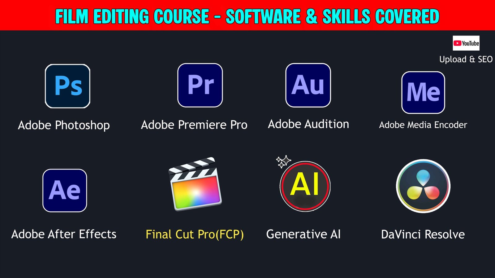 Adobe Photoshop, Adobe Premiere Pro, Adobe Audition, Adobe Media Encoder, Adobe After Effects, Final Cut Pro(FCP), Generative AI, DaVinci Resolve